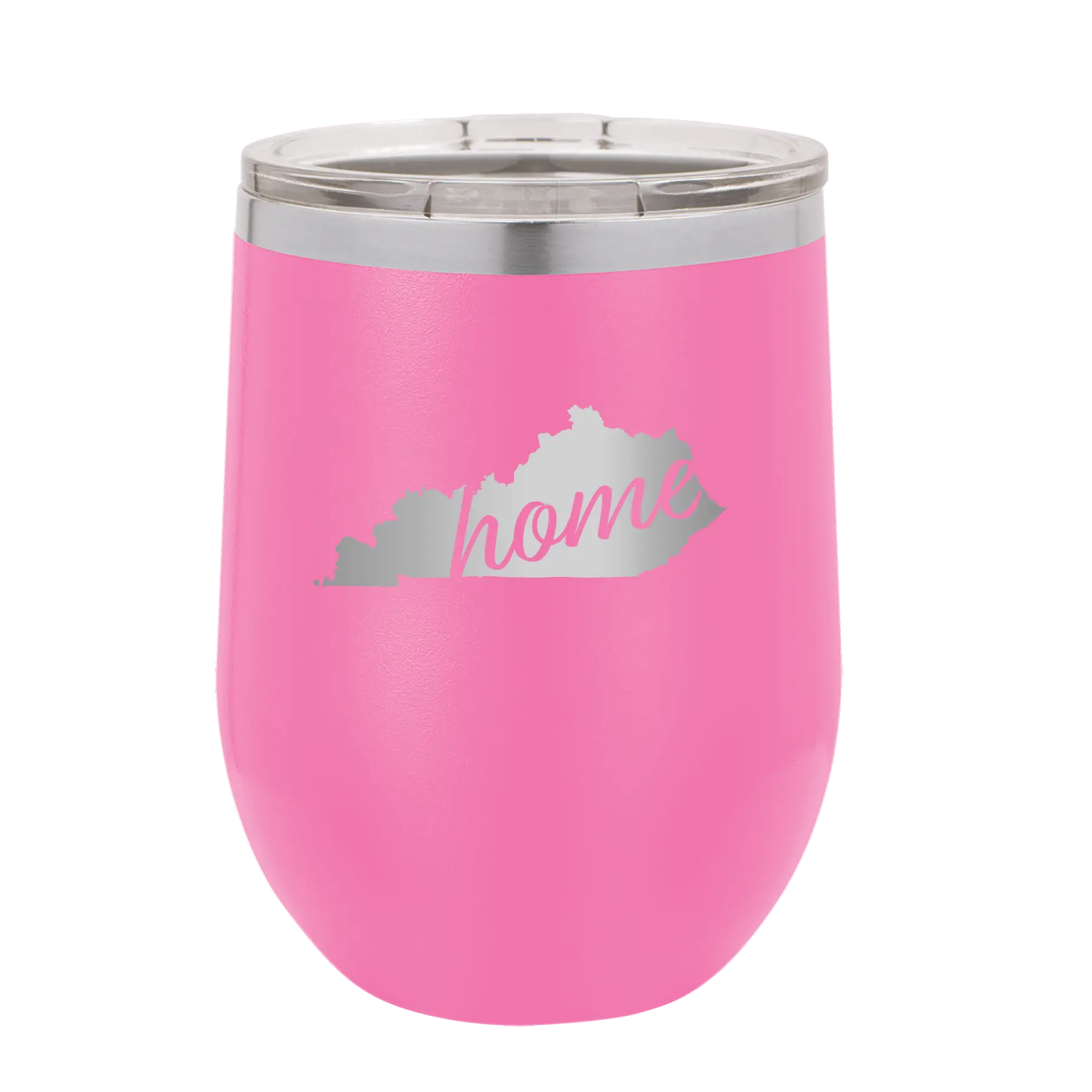 Laser etched pink 12 oz vacuum insulated wine cup with 'Kentucky Home' design