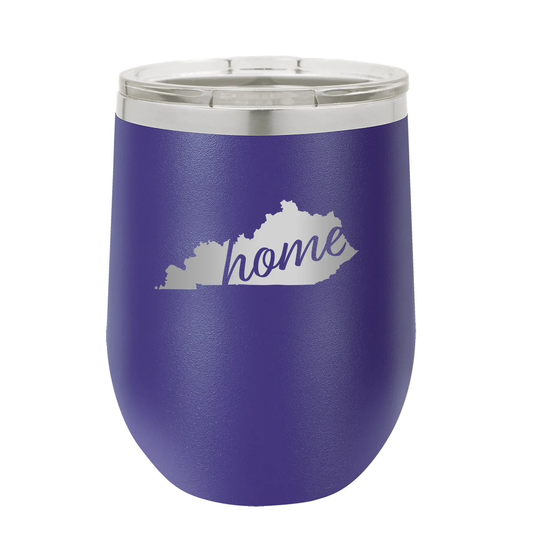 Laser etched purple 12 oz vacuum insulated wine cup with 'Kentucky Home' design