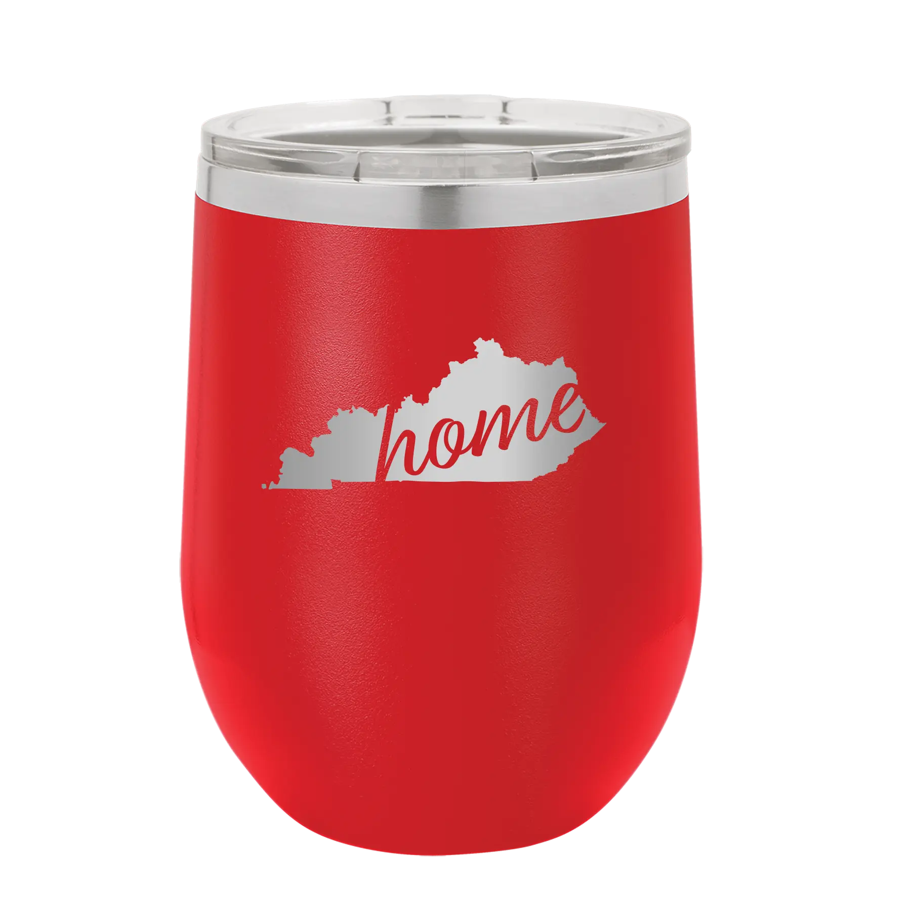 Laser etched red 12 oz vacuum insulated wine cup with 'Kentucky Home' design