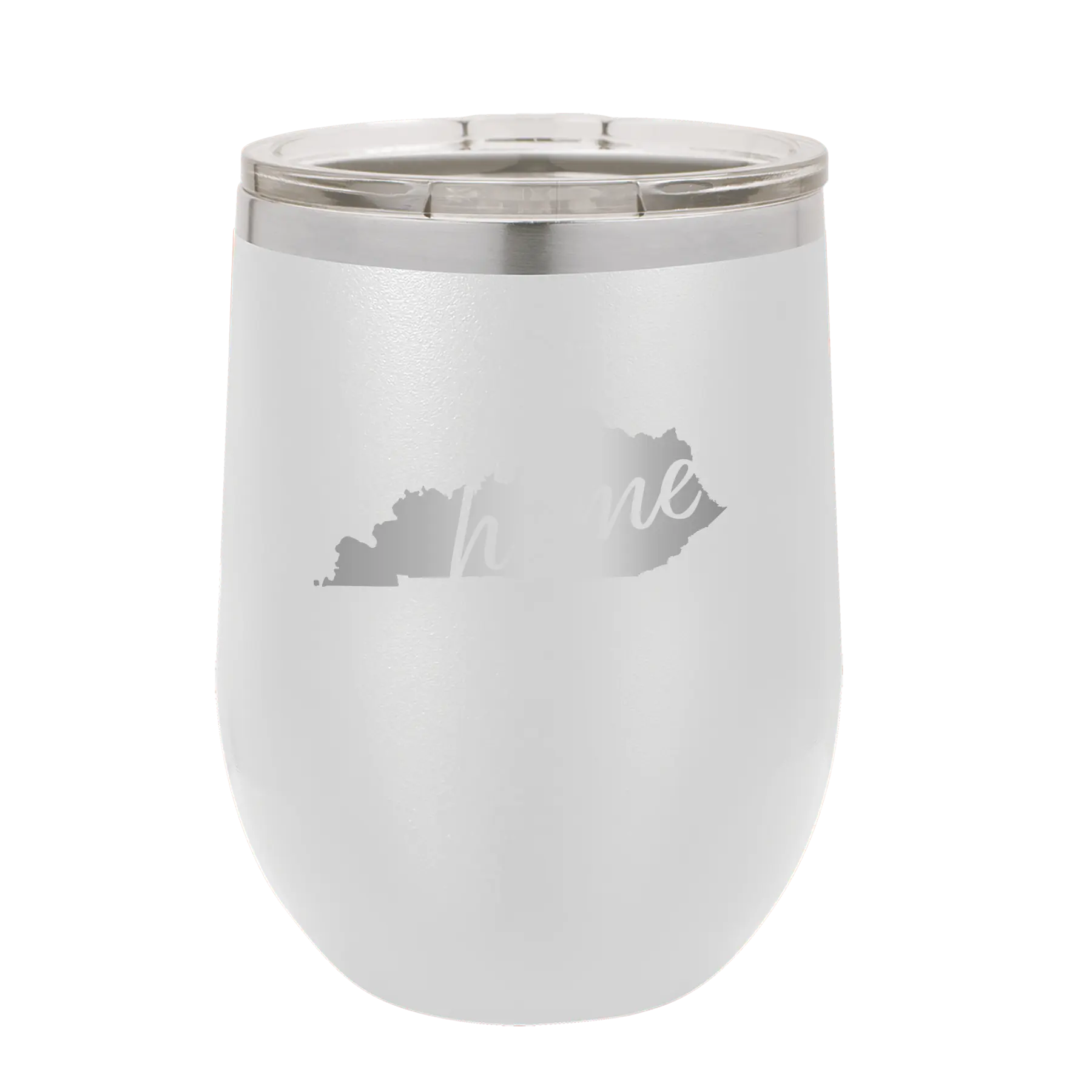 Laser etched white 12 oz vacuum insulated wine cup with 'Kentucky Home' design