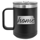 Laser etched black 15 oz vacuum insulated coffee mug with 'Kansas Home' design