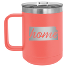 Laser etched coral 15 oz vacuum insulated coffee mug with 'Kansas Home' design