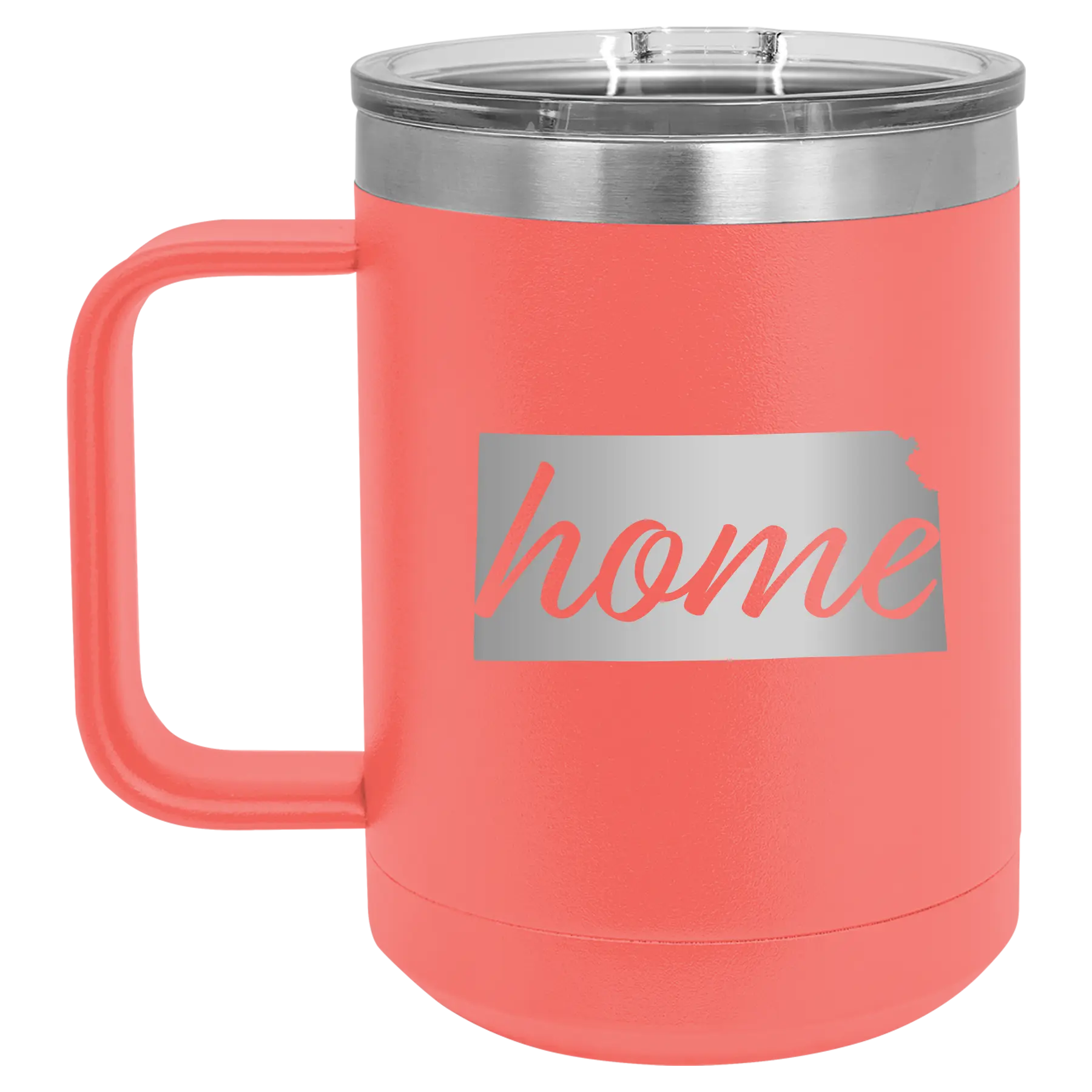 Laser etched coral 15 oz vacuum insulated coffee mug with 'Kansas Home' design