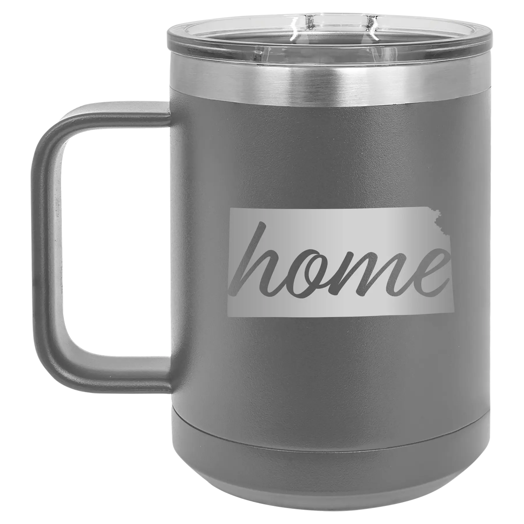 Laser etched dark gray 15 oz vacuum insulated coffee mug with 'Kansas Home' design
