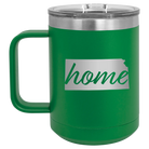 Laser etched green 15 oz vacuum insulated coffee mug with 'Kansas Home' design