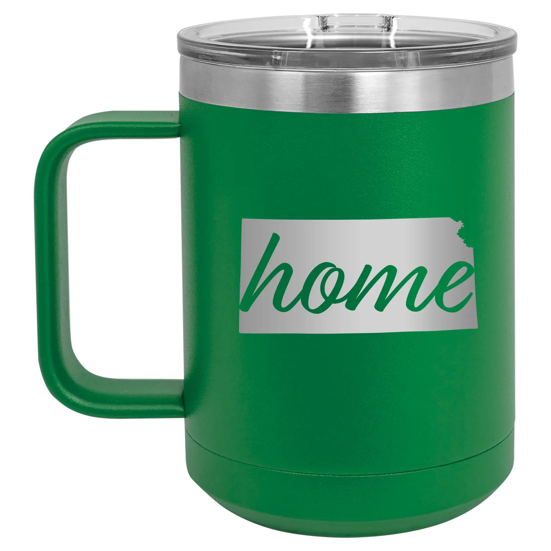Laser etched green 15 oz vacuum insulated coffee mug with 'Kansas Home' design