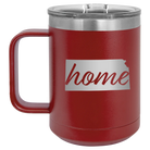 Laser etched maroon 15 oz vacuum insulated coffee mug with 'Kansas Home' design