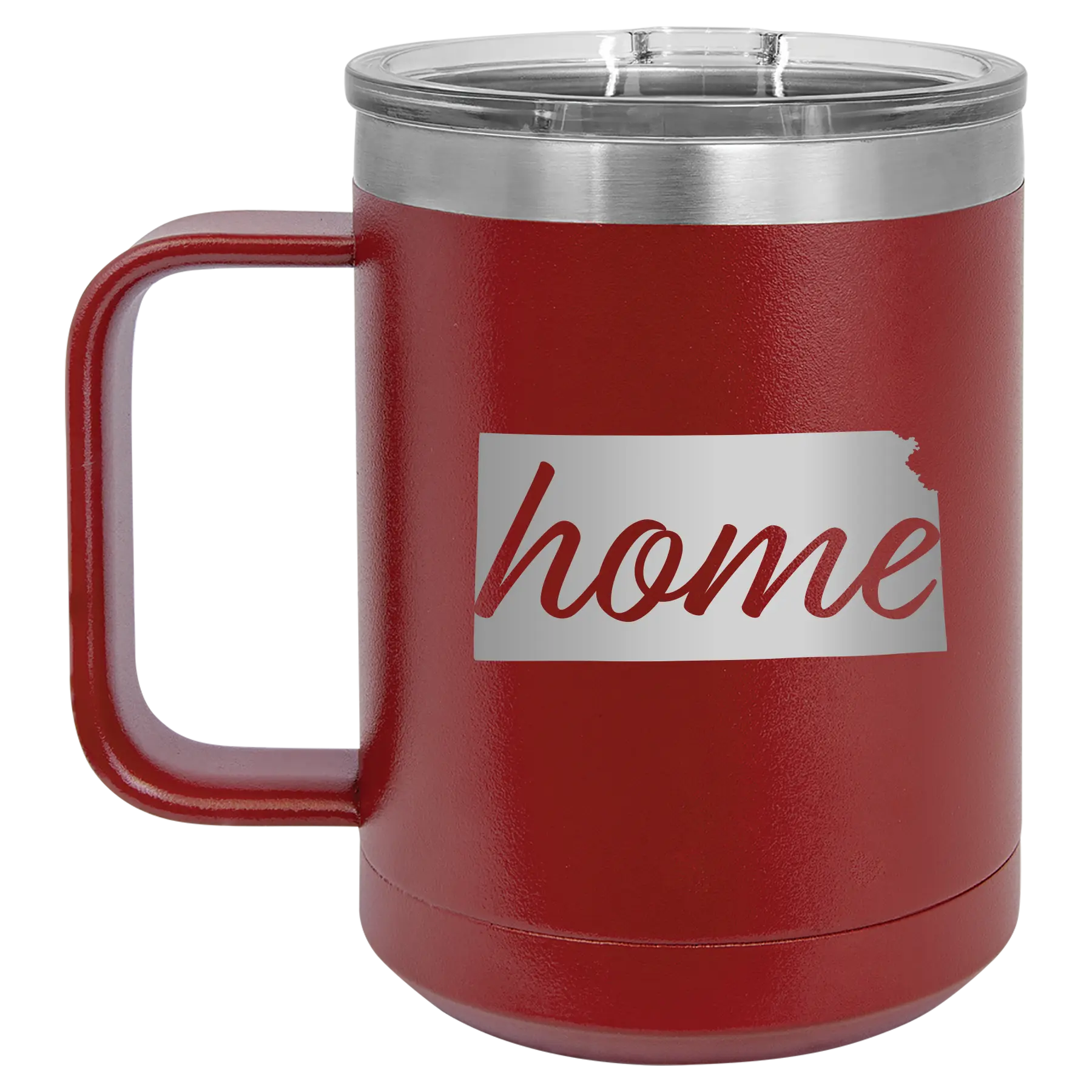 Laser etched maroon 15 oz vacuum insulated coffee mug with 'Kansas Home' design