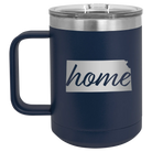 Laser etched navy 15 oz vacuum insulated coffee mug with 'Kansas Home' design