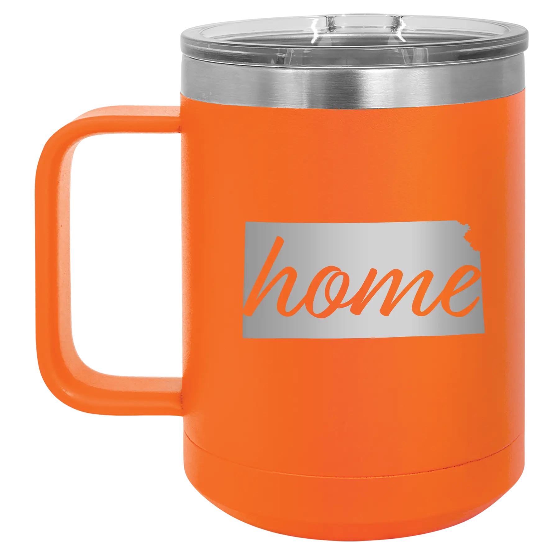 Laser etched orange 15 oz vacuum insulated coffee mug with 'Kansas Home' design