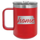 Laser etched red 15 oz vacuum insulated coffee mug with 'Kansas Home' design