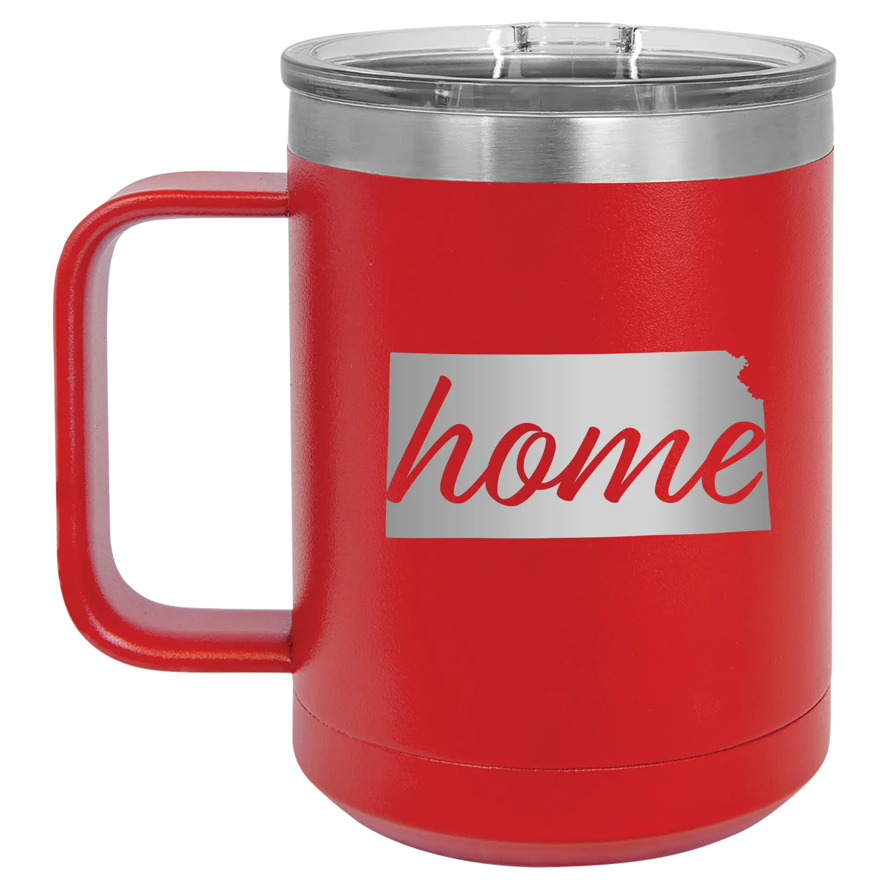 Laser etched red 15 oz vacuum insulated coffee mug with 'Kansas Home' design