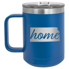 Laser etched royal blue 15 oz vacuum insulated coffee mug with 'Kansas Home' design