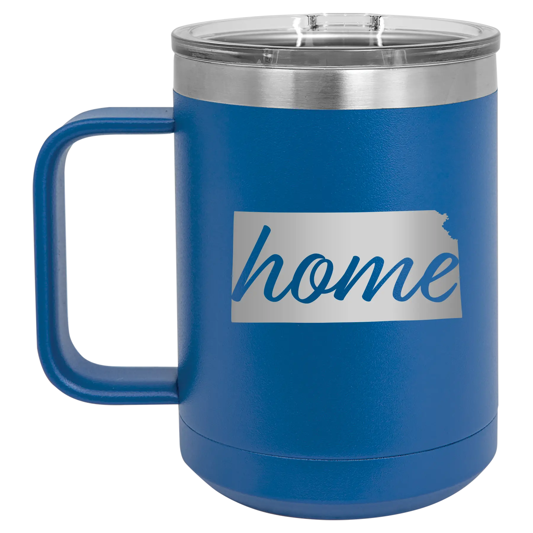 Laser etched royal blue 15 oz vacuum insulated coffee mug with 'Kansas Home' design