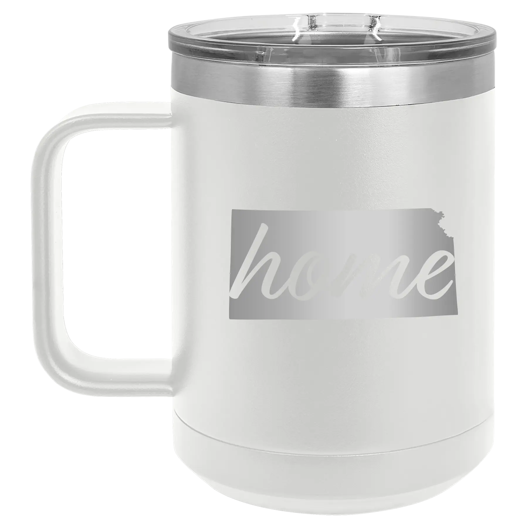 Laser etched white 15 oz vacuum insulated coffee mug with 'Kansas Home' design