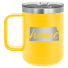 Laser etched yellow 15 oz vacuum insulated coffee mug with 'Kansas Home' design