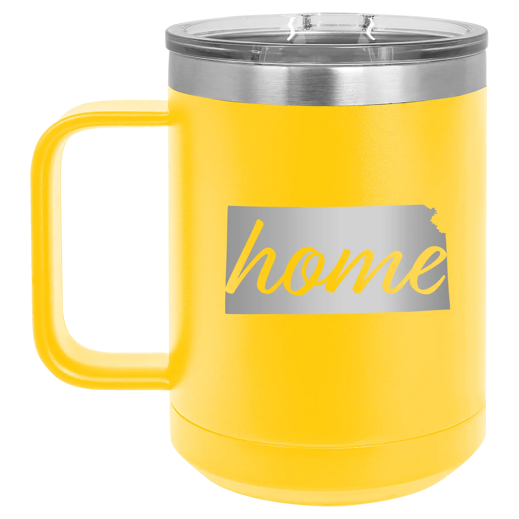 Laser etched yellow 15 oz vacuum insulated coffee mug with 'Kansas Home' design