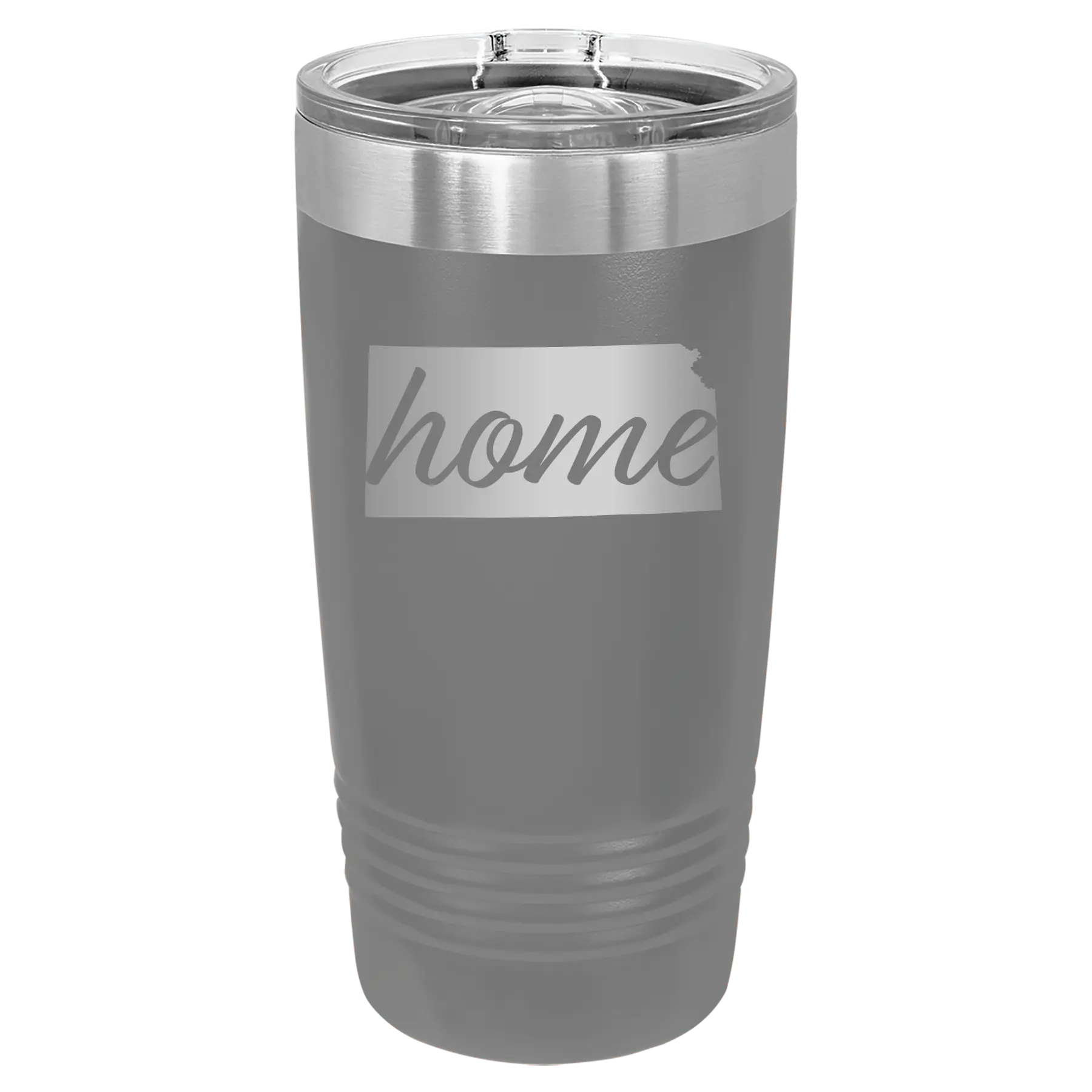 Laser etched dark gray 20 oz vacuum insulated tumbler with 'Kansas Home' design
