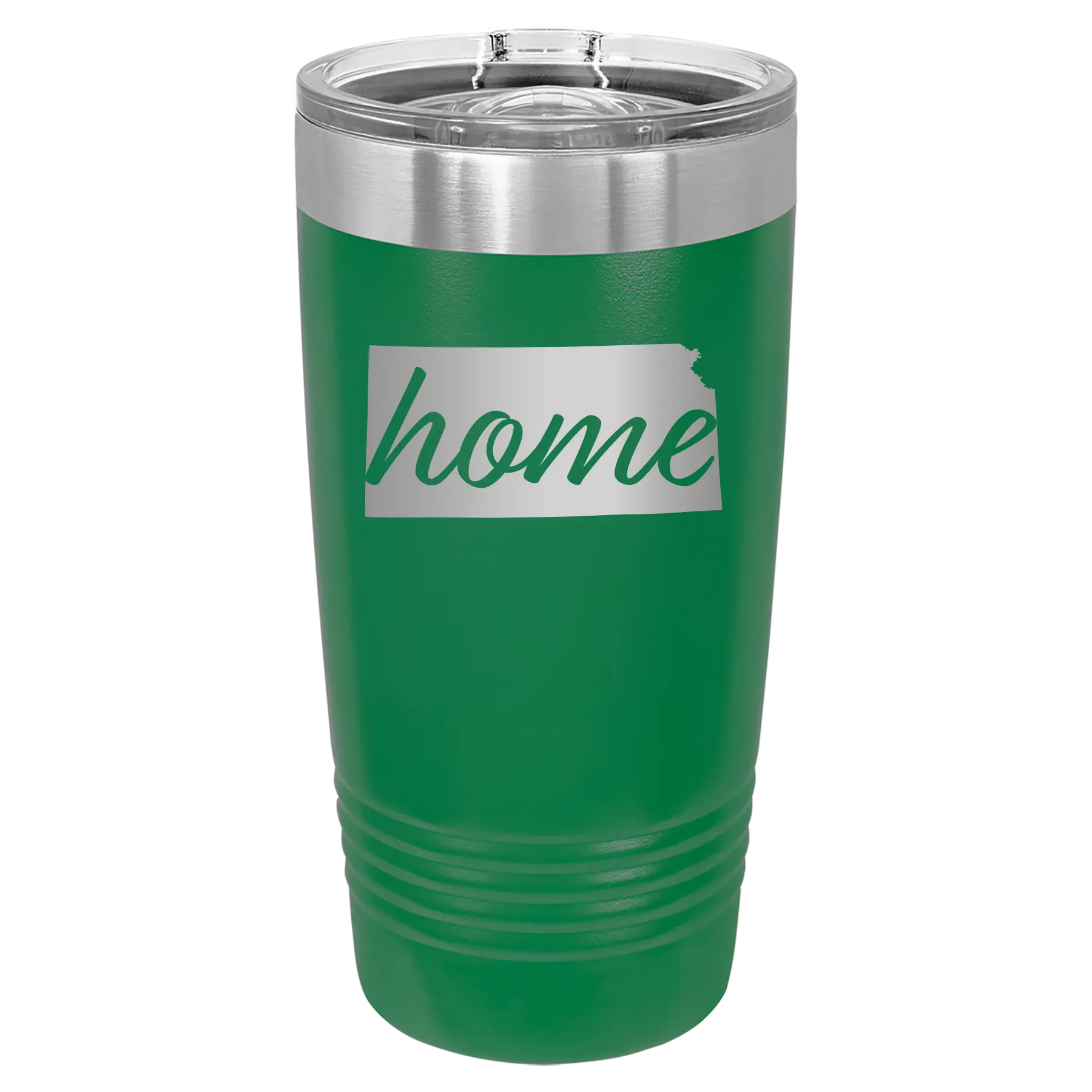 Laser etched green 20 oz vacuum insulated tumbler with 'Kansas Home' design