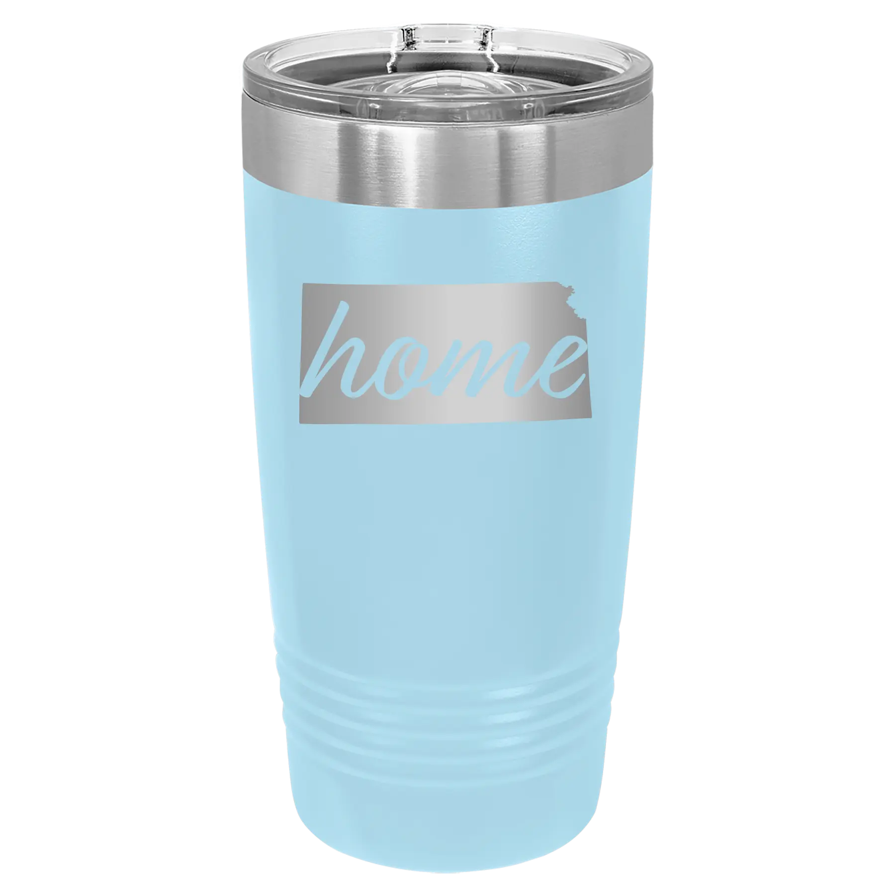 Laser etched light blue 20 oz vacuum insulated tumbler with 'Kansas Home' design
