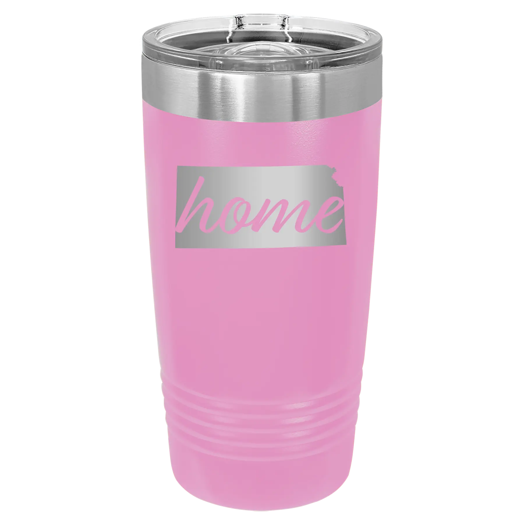 Laser etched light purple 20 oz vacuum insulated tumbler with 'Kansas Home' design