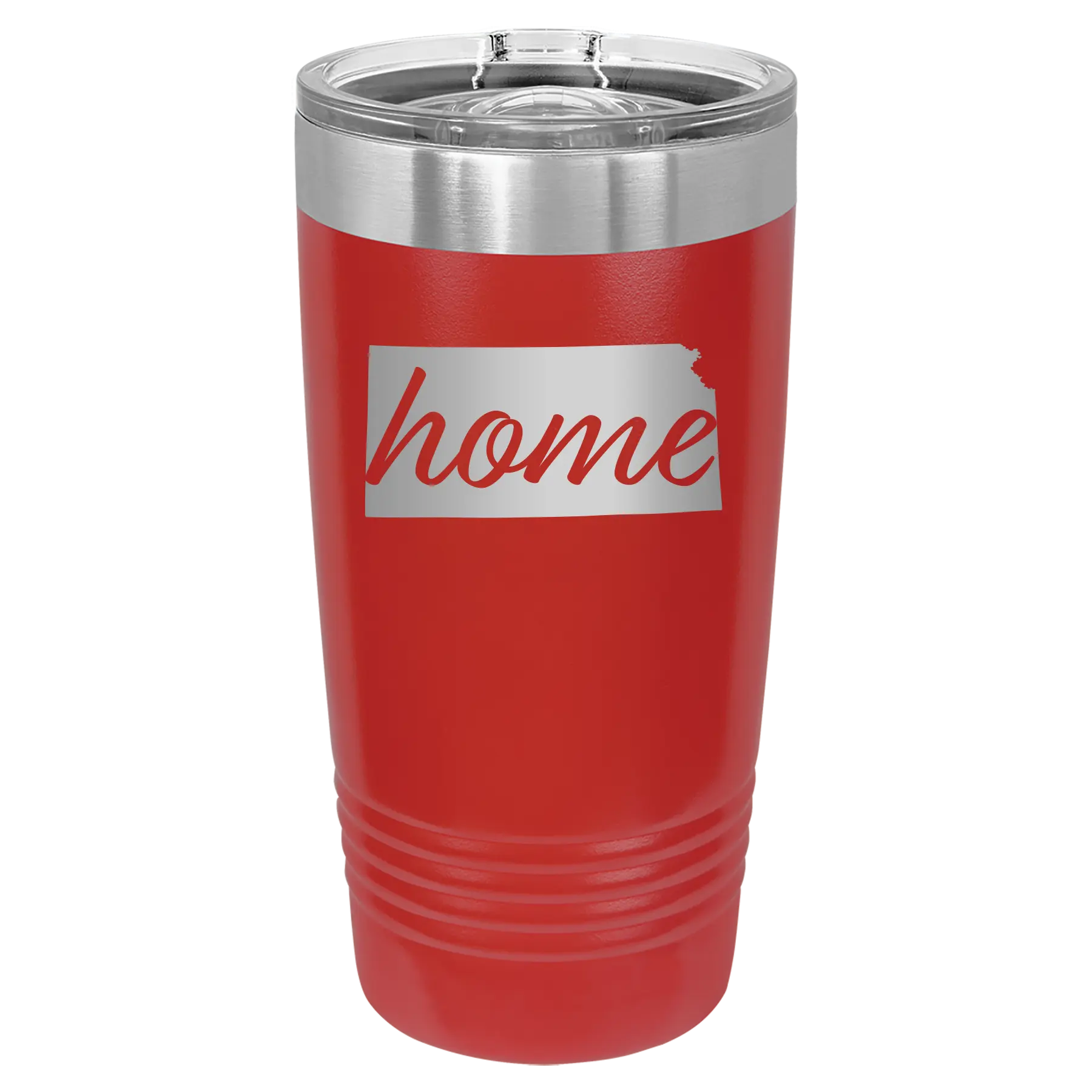 Laser etched red 20 oz vacuum insulated tumbler with 'Kansas Home' design