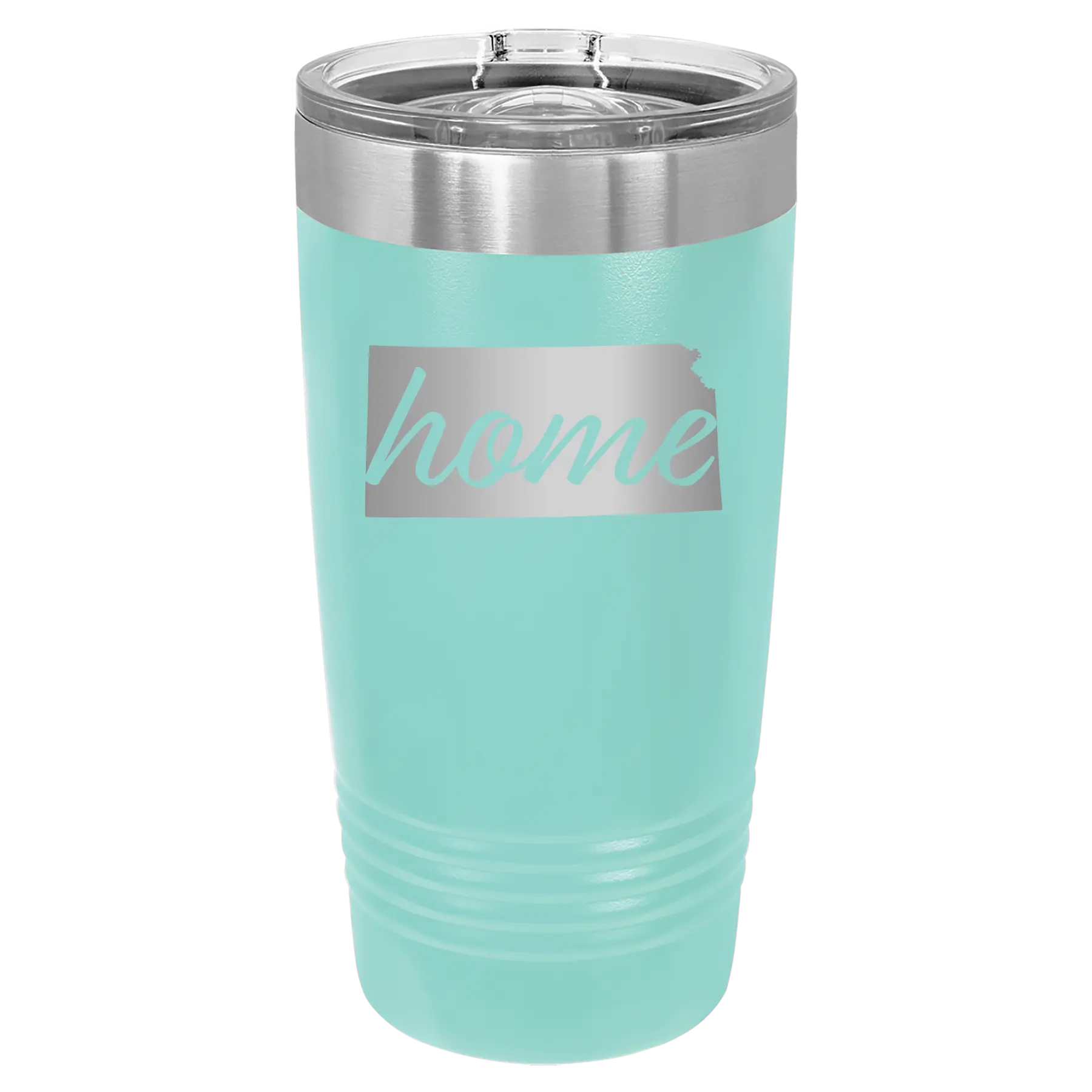 Laser etched teal 20 oz vacuum insulated tumbler with 'Kansas Home' design