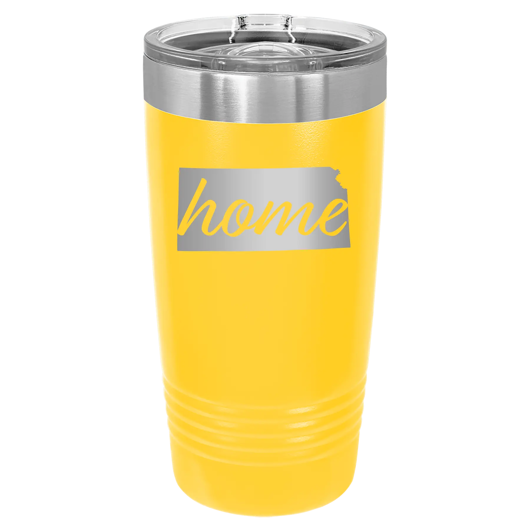 Laser etched yellow 20 oz vacuum insulated tumbler with 'Kansas Home' design