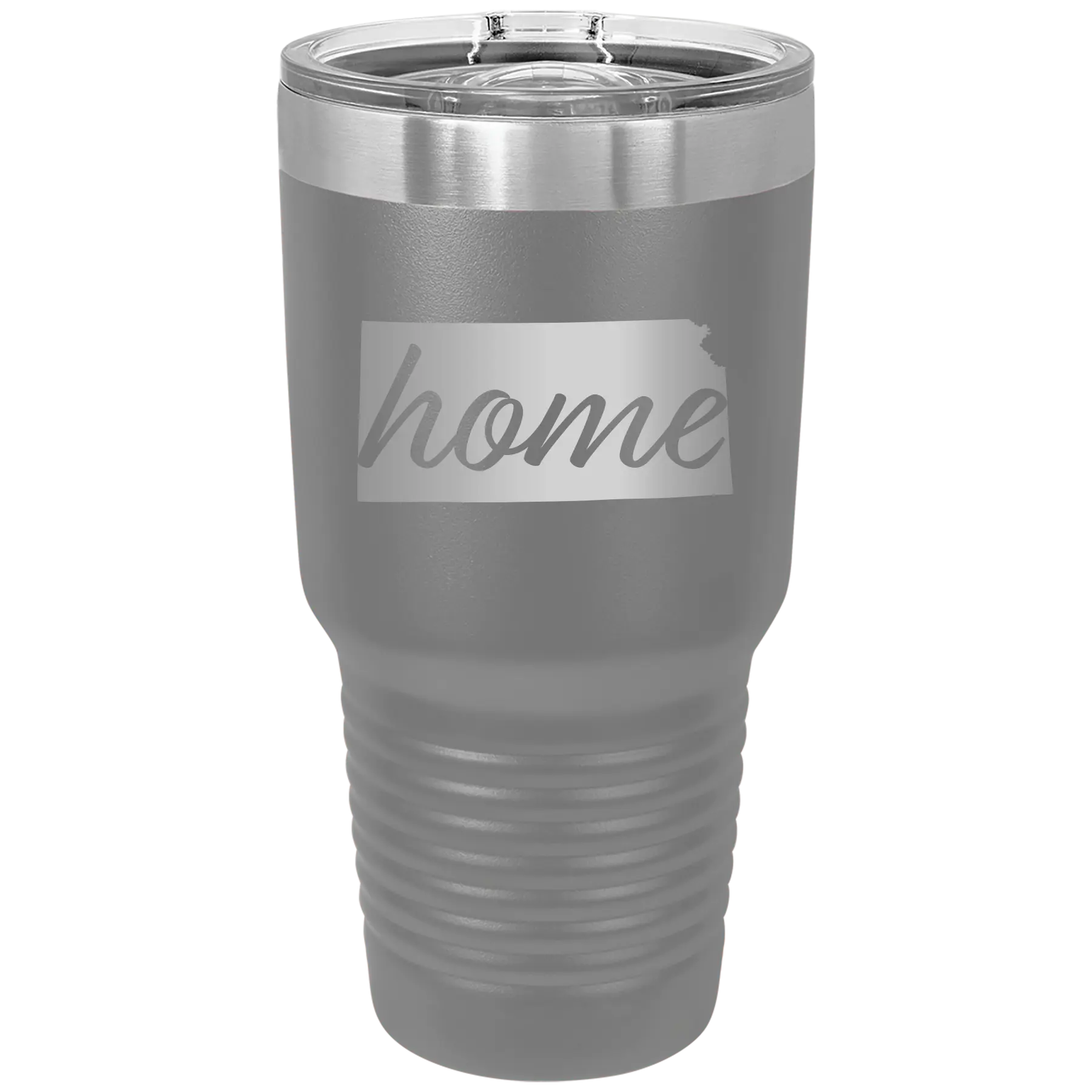 Laser etched dark gray 30 oz vacuum insulated tumbler with 'Kansas Home' design