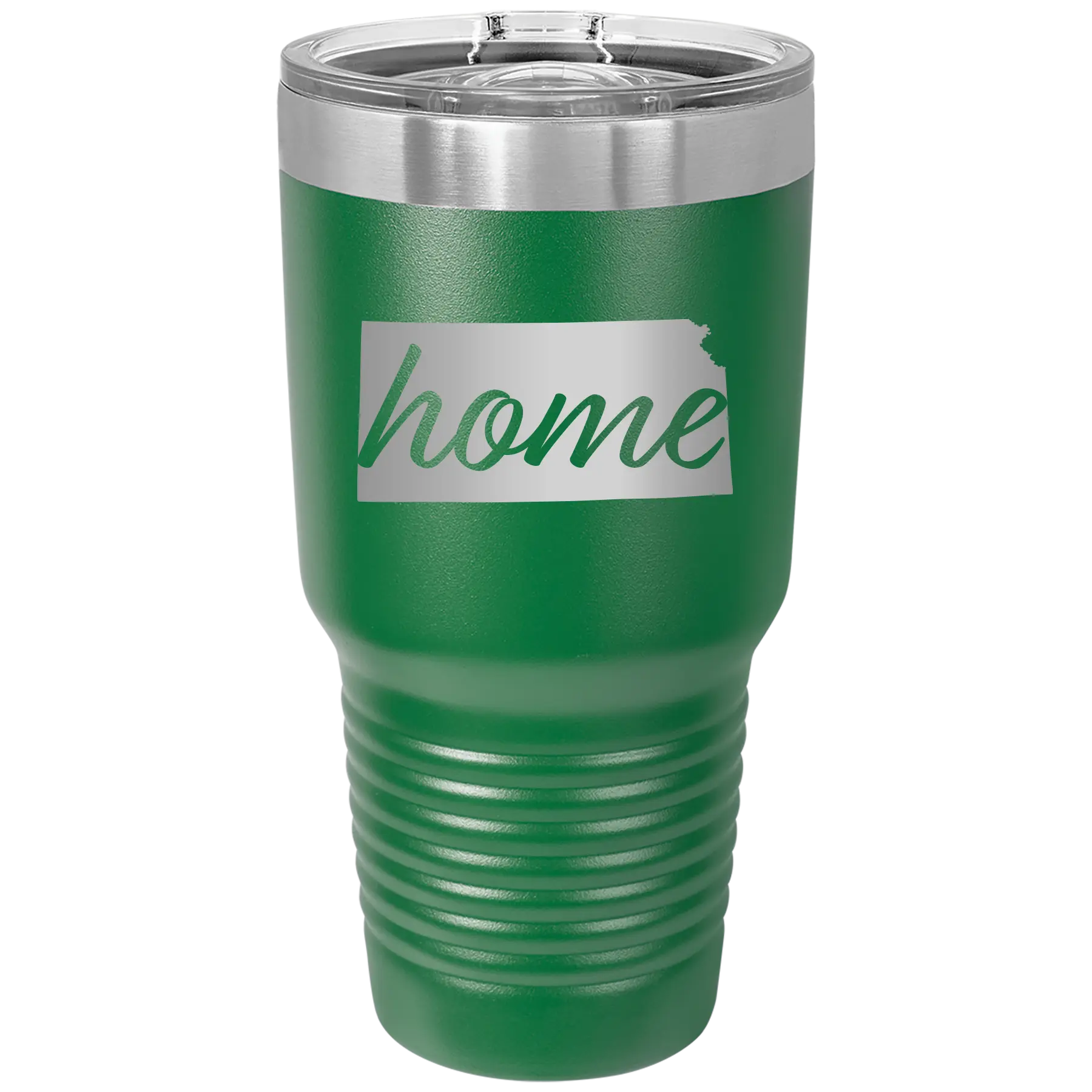 Laser etched green 30 oz vacuum insulated tumbler with 'Kansas Home' design