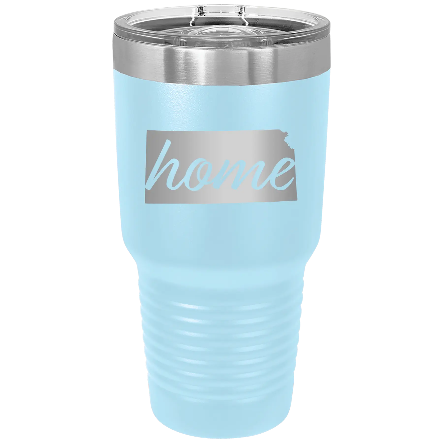 Laser etched light blue 30 oz vacuum insulated tumbler with 'Kansas Home' design