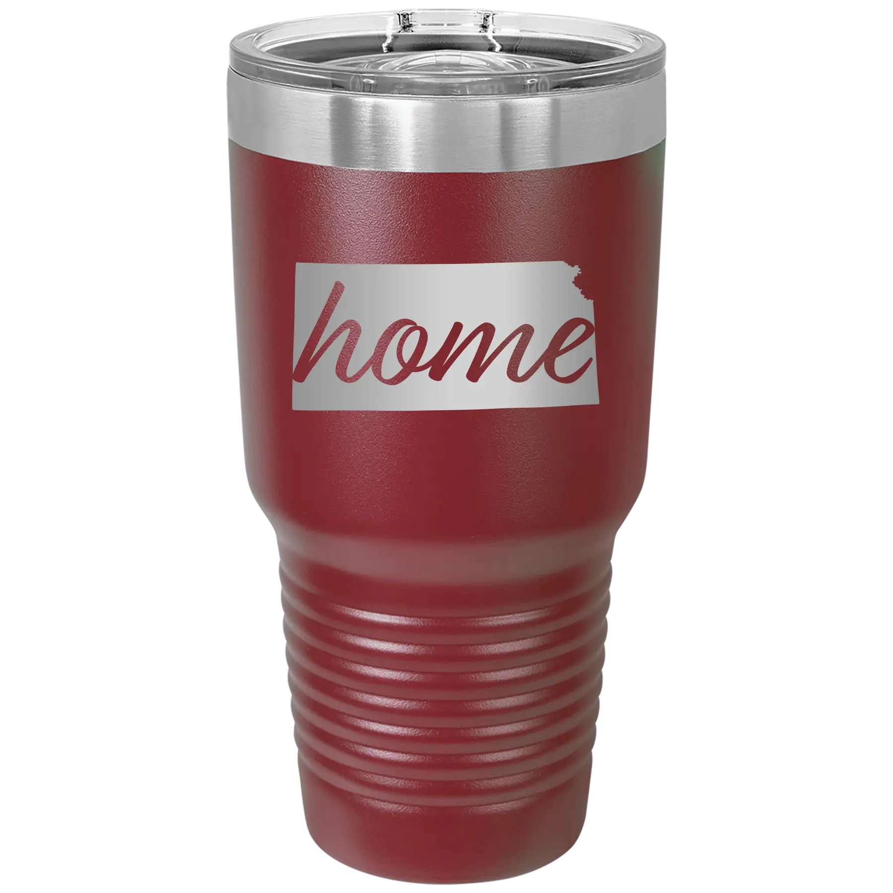 Laser etched maroon 30 oz vacuum insulated tumbler with 'Kansas Home' design