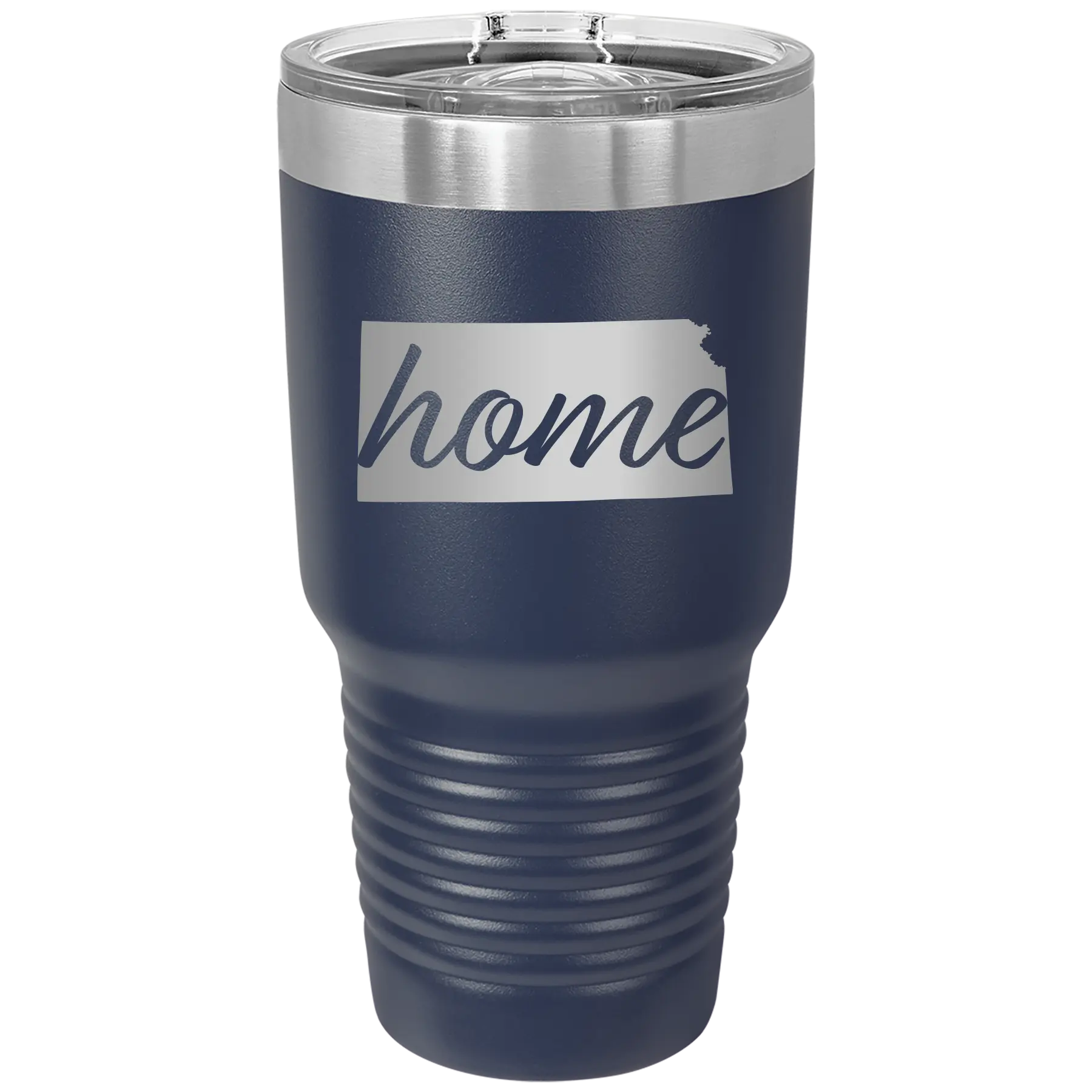 Laser etched navy 30 oz vacuum insulated tumbler with 'Kansas Home' design