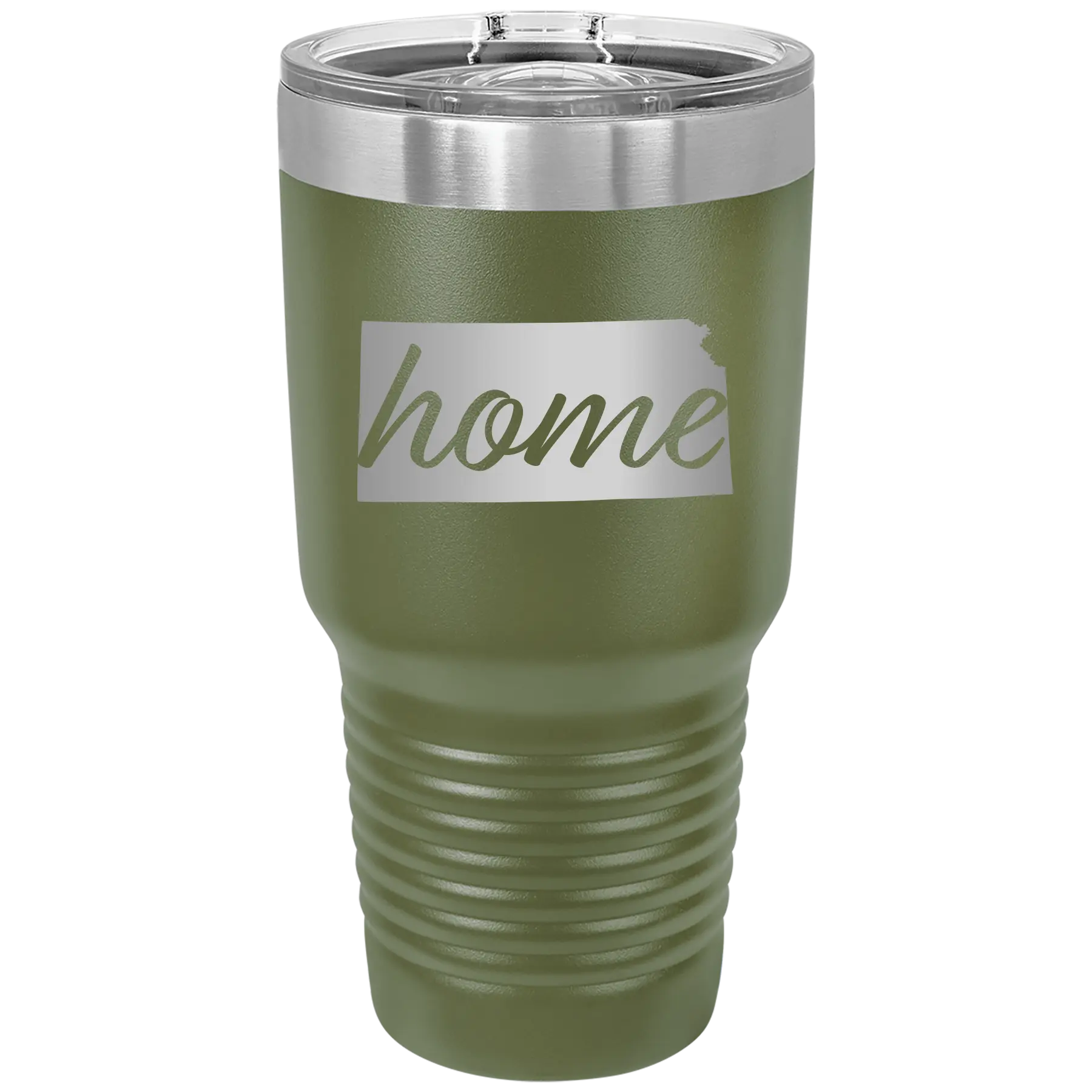 Laser etched olive green 30 oz vacuum insulated tumbler with 'Kansas Home' design