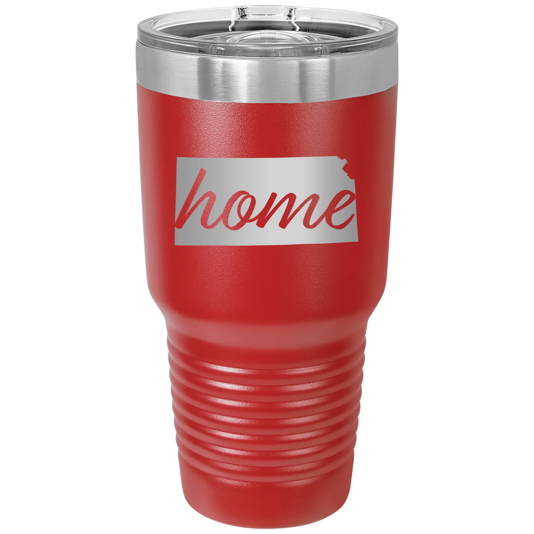 Laser etched red 30 oz vacuum insulated tumbler with 'Kansas Home' design