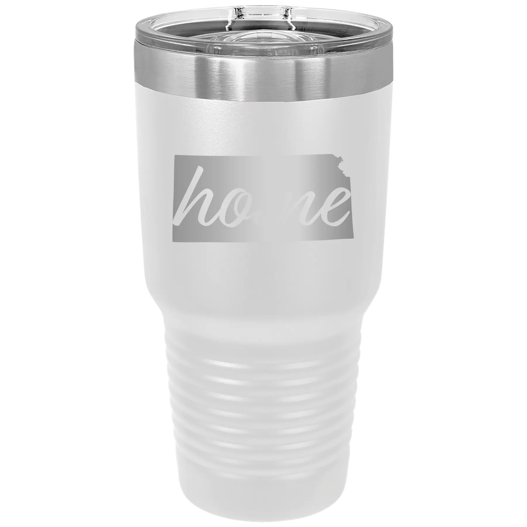 Laser etched white 30 oz vacuum insulated tumbler with 'Kansas Home' design