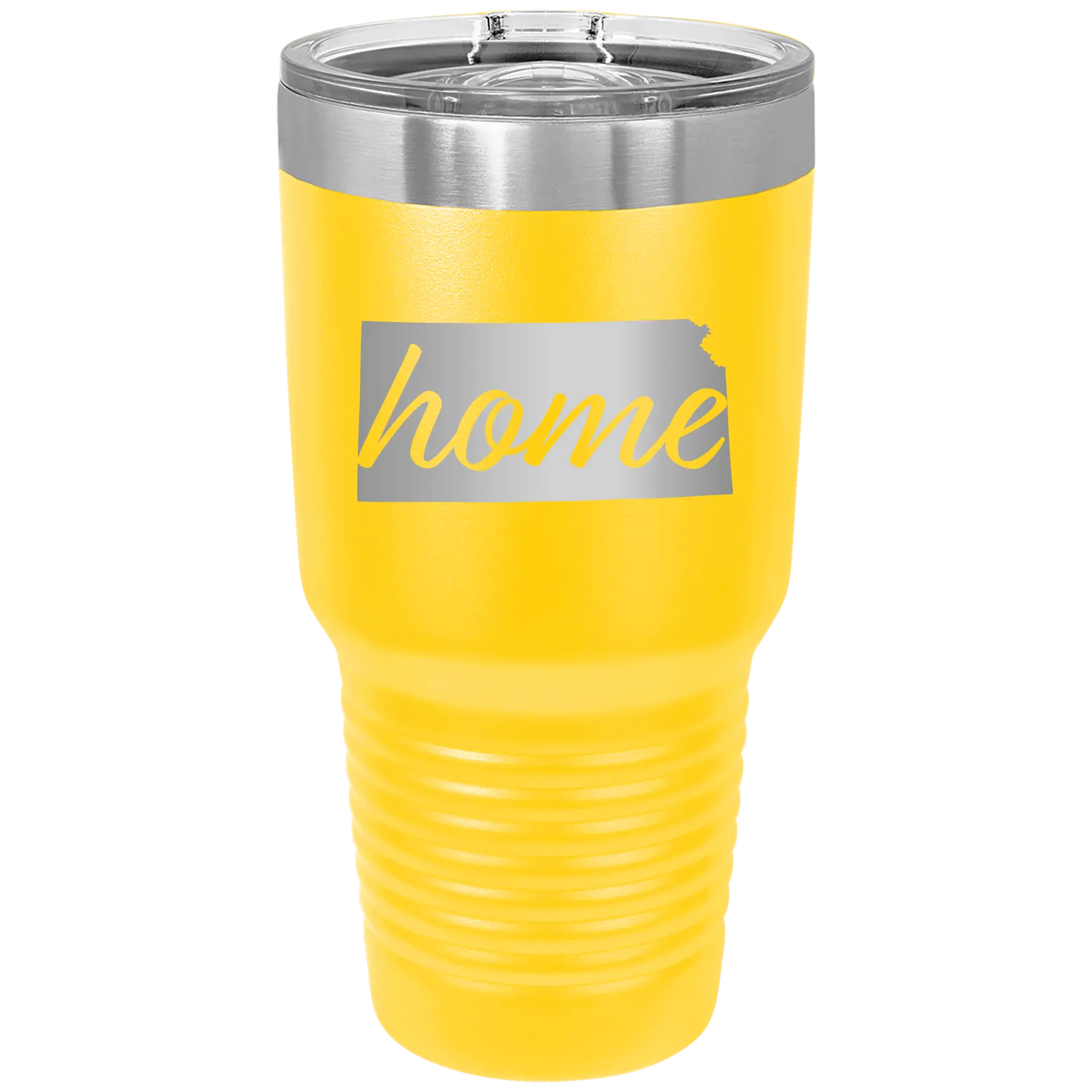 Laser etched yellow 30 oz vacuum insulated tumbler with 'Kansas Home' design