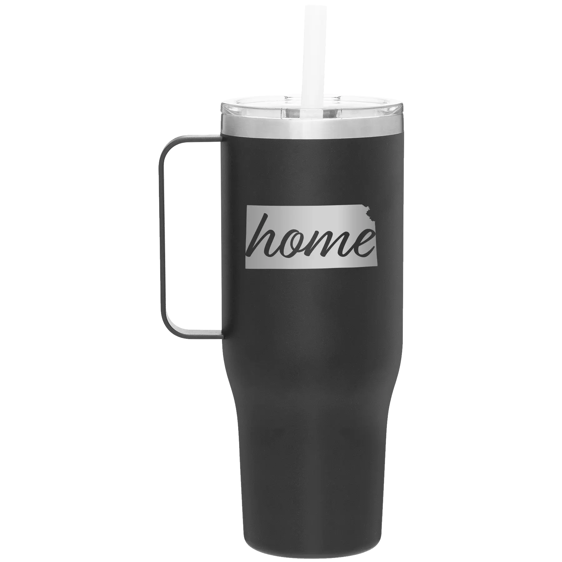 Laser etched black 40 oz vacuum insulated tumbler mug with 'Kansas Home' design