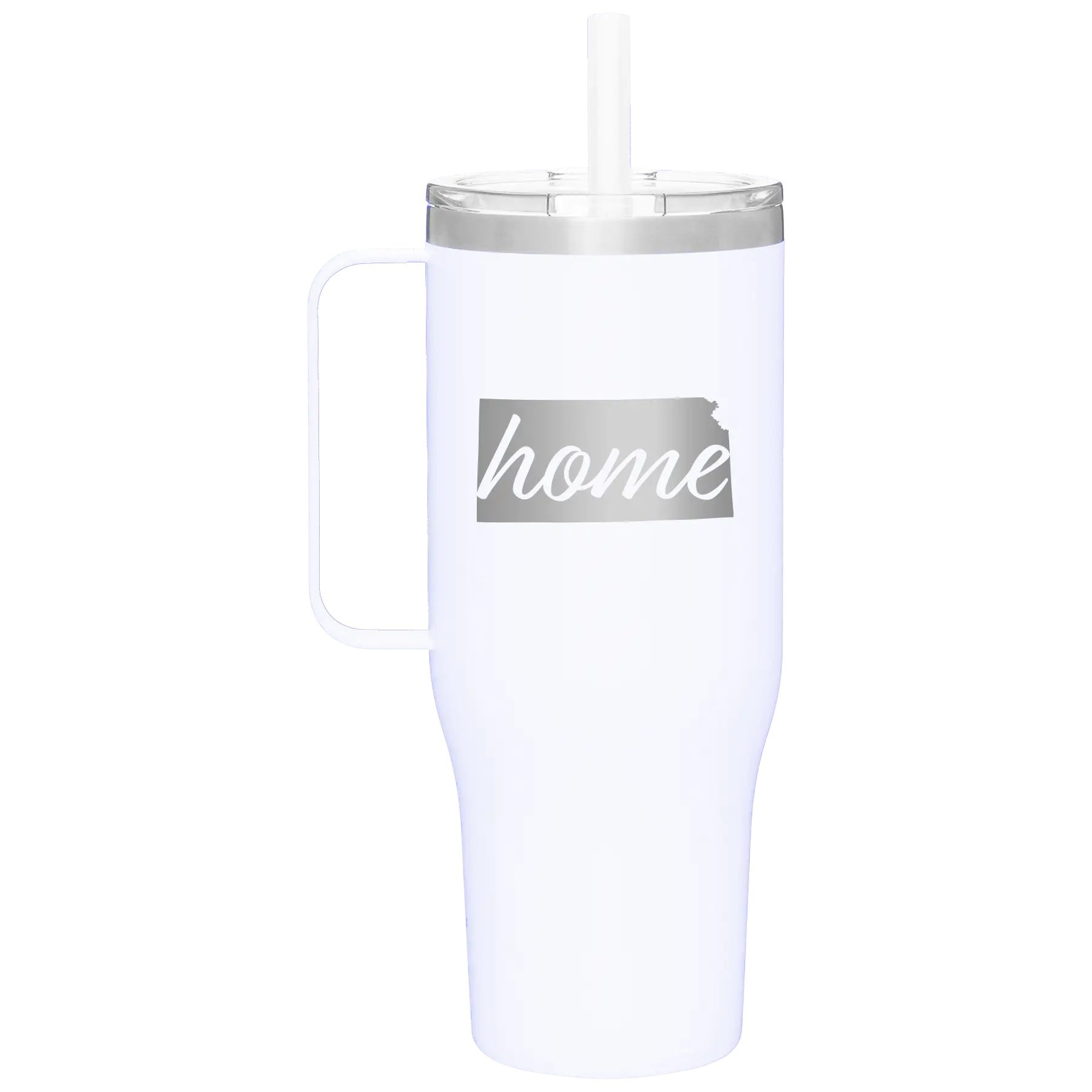 Laser etched white 40 oz vacuum insulated tumbler mug with 'Kansas Home' design