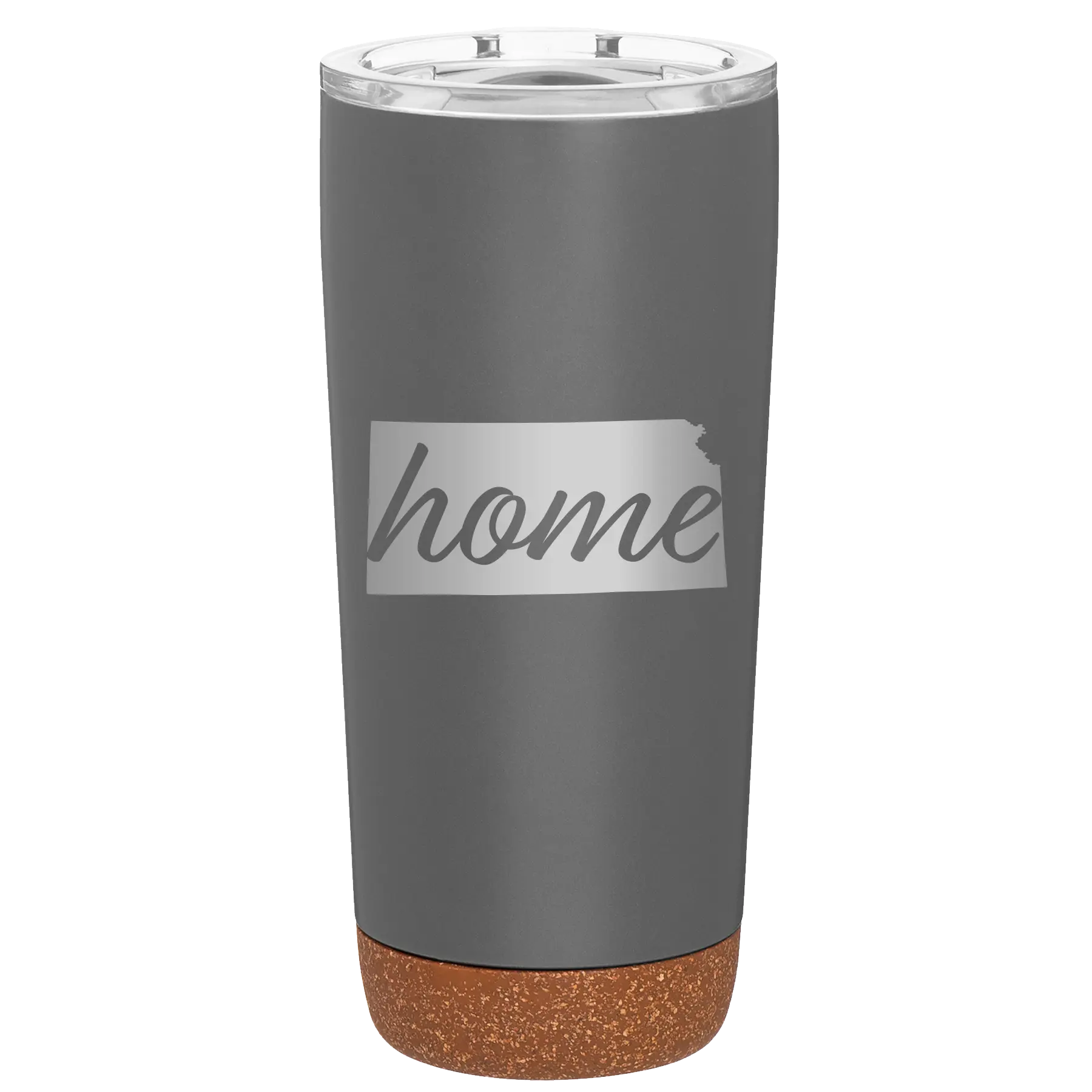 Laser etched storm gray 20 oz vacuum insulated tumbler with 'Kansas Home' design