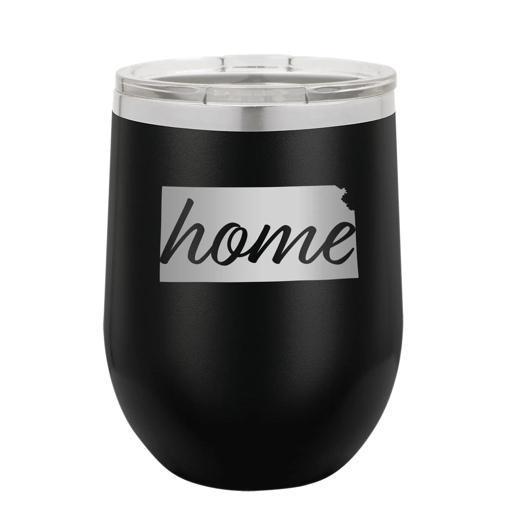 Laser etched black 12 oz vacuum insulated wine cup with 'Kansas Home' design