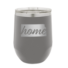 Laser etched dark gray 12 oz vacuum insulated wine cup with 'Kansas Home' design