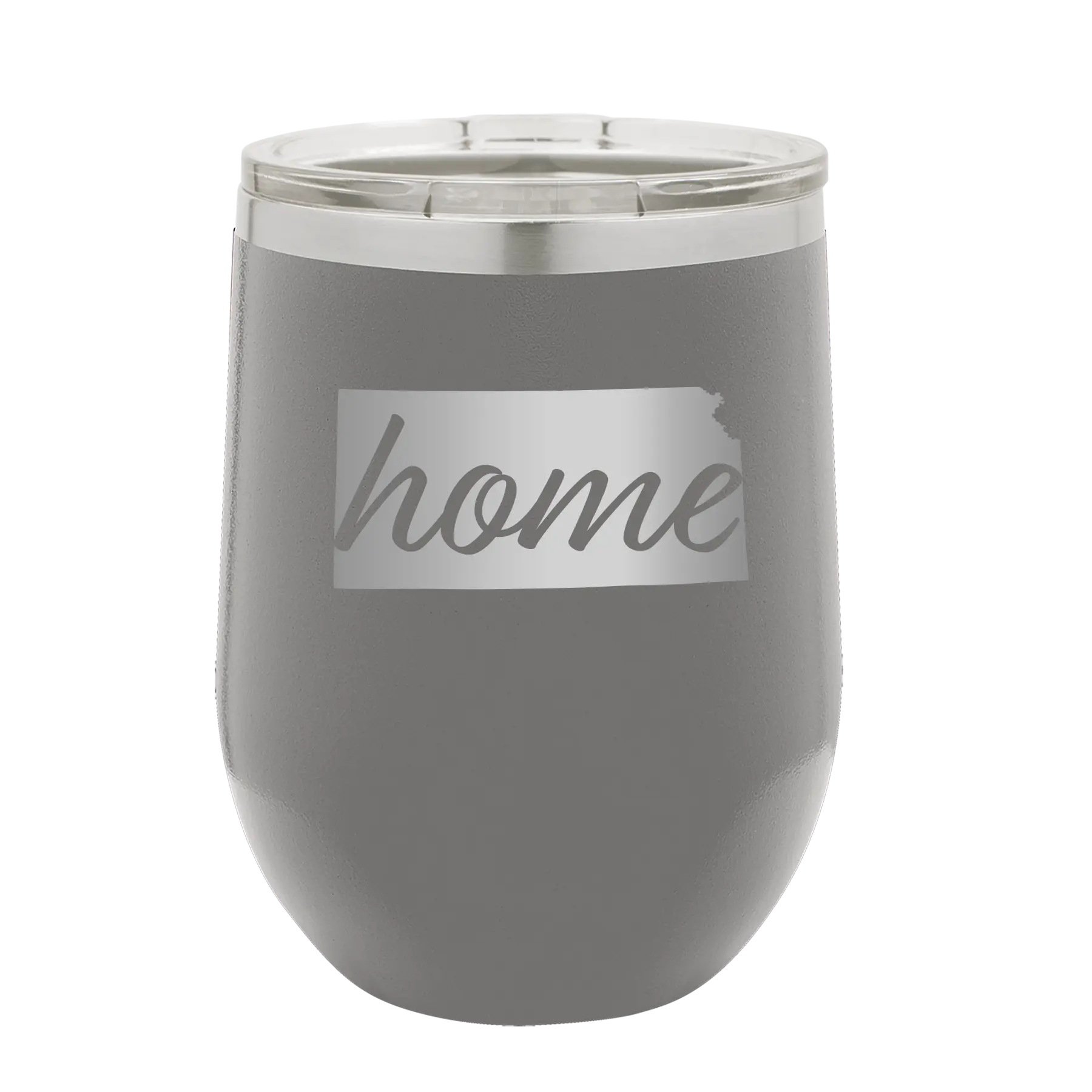 Laser etched dark gray 12 oz vacuum insulated wine cup with 'Kansas Home' design
