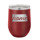 Laser etched maroon 12 oz vacuum insulated wine cup with 'Kansas Home' design