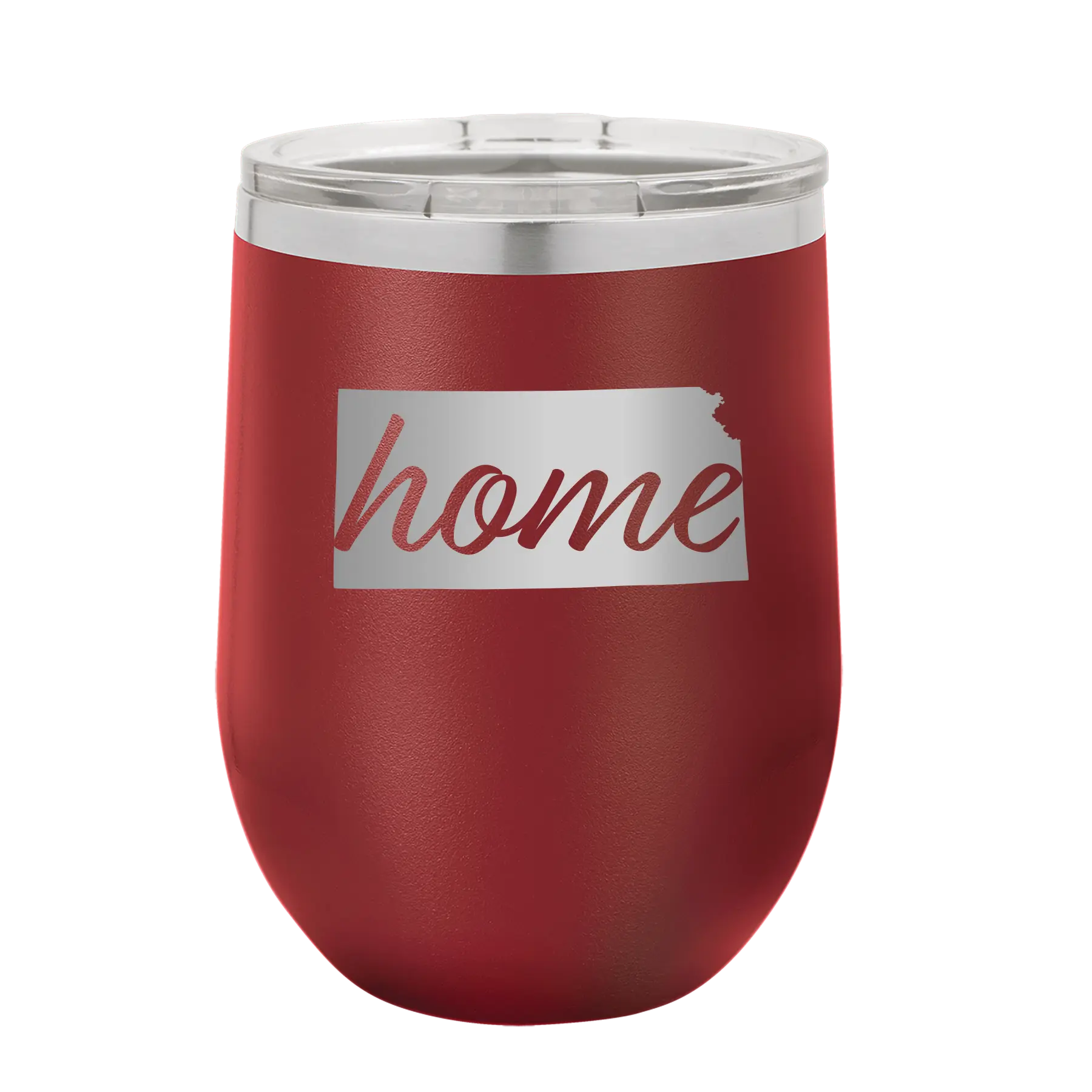 Laser etched maroon 12 oz vacuum insulated wine cup with 'Kansas Home' design