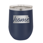 Laser etched navy 12 oz vacuum insulated wine cup with 'Kansas Home' design