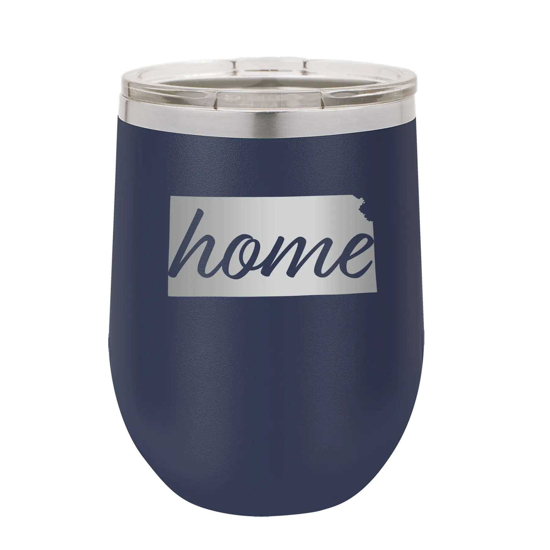 Laser etched navy 12 oz vacuum insulated wine cup with 'Kansas Home' design
