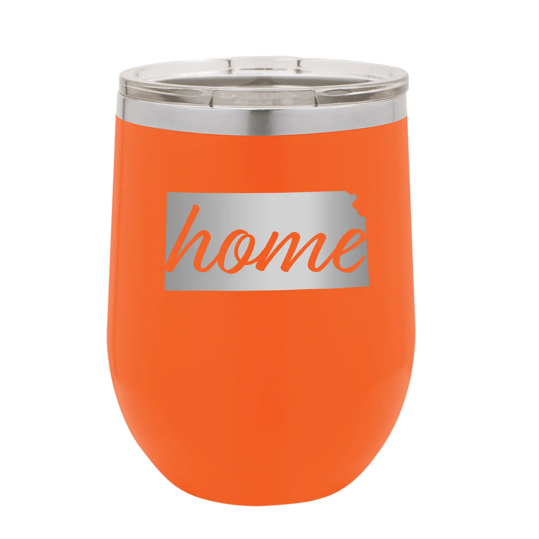 Laser etched orange 12 oz vacuum insulated wine cup with 'Kansas Home' design