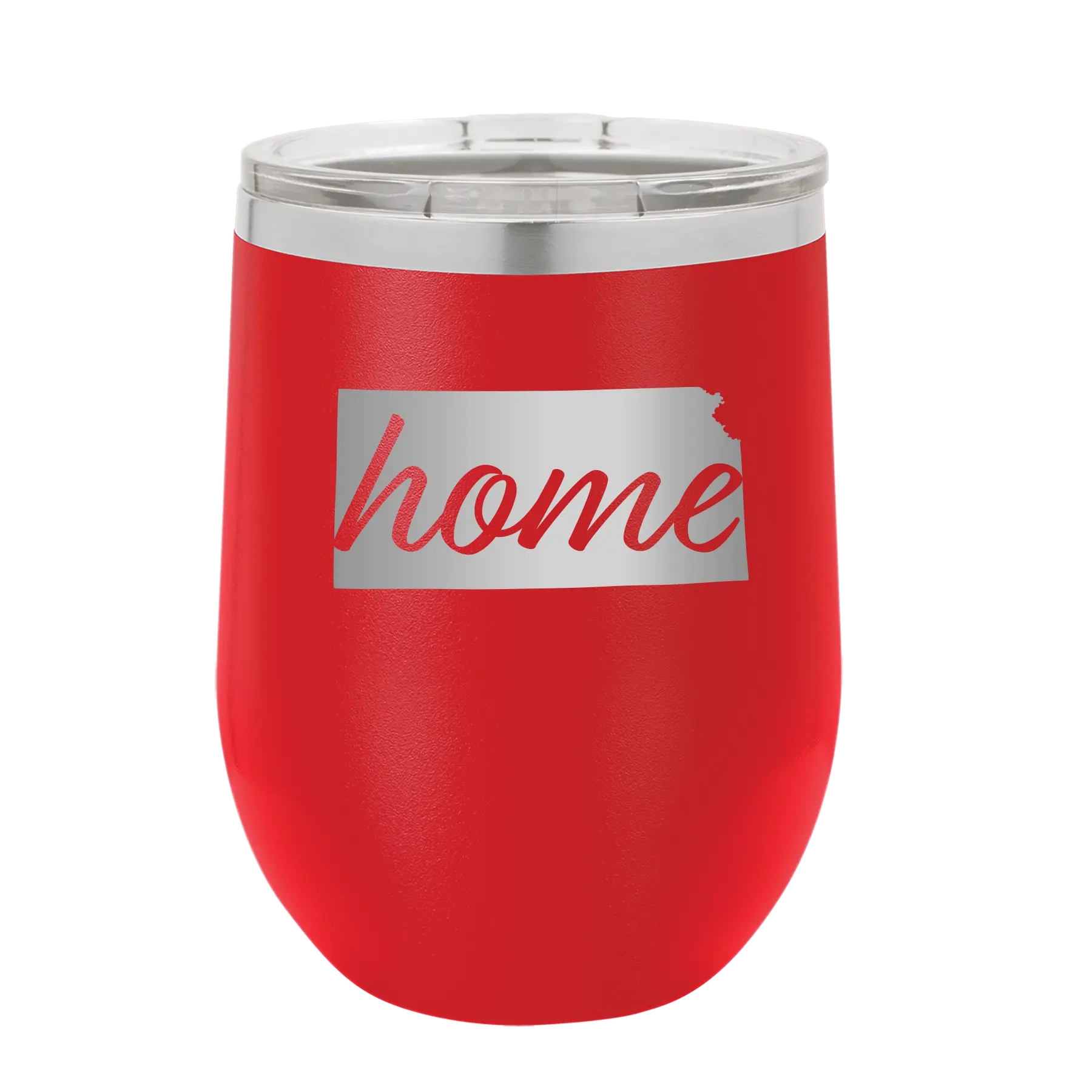 Laser etched red 12 oz vacuum insulated wine cup with 'Kansas Home' design