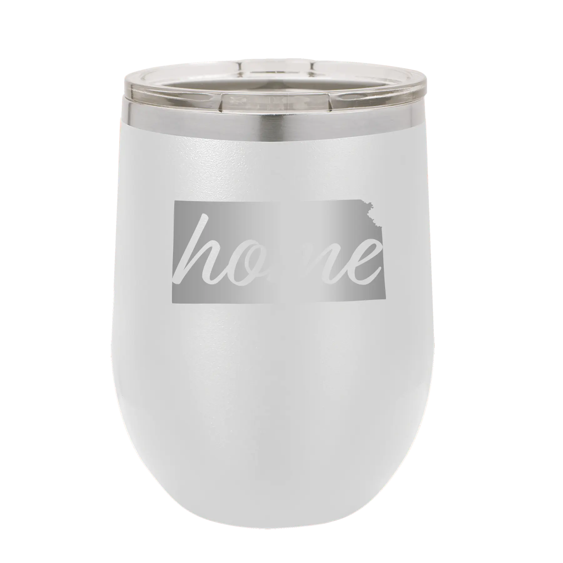 Laser etched white 12 oz vacuum insulated wine cup with 'Kansas Home' design